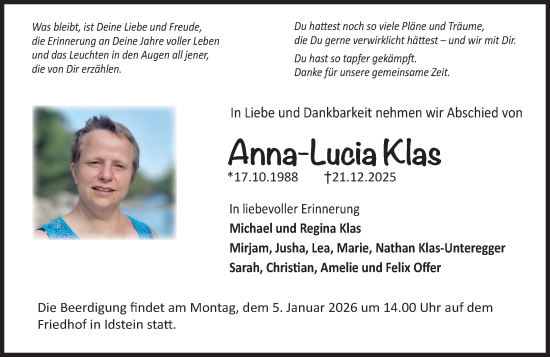 Traueranzeige von Anna-Lucia Klas von Idsteiner Land/Untertaunus