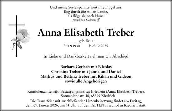 Traueranzeige von Anna Elisabeth Treber von Rheingau Kurier