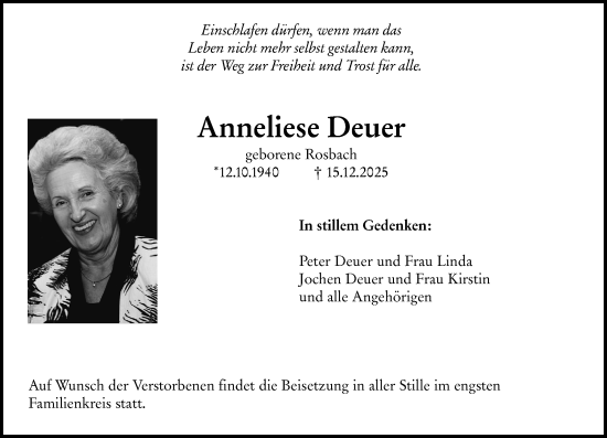 Traueranzeige von Anneliese Deuer von Allgemeine Zeitung Mainz