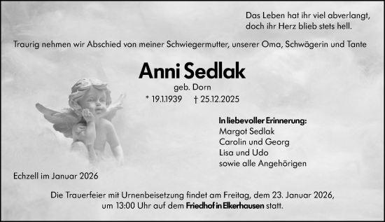 Traueranzeige von Anni Sedlak von Weilburger Tageblatt