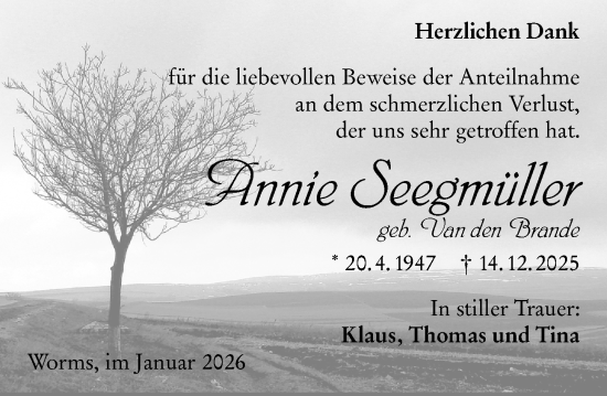 Traueranzeige von Annie Seegmüller von Wormser Zeitung