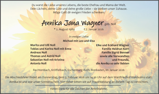 Traueranzeige von Annika Jana Wagner von Dill Block