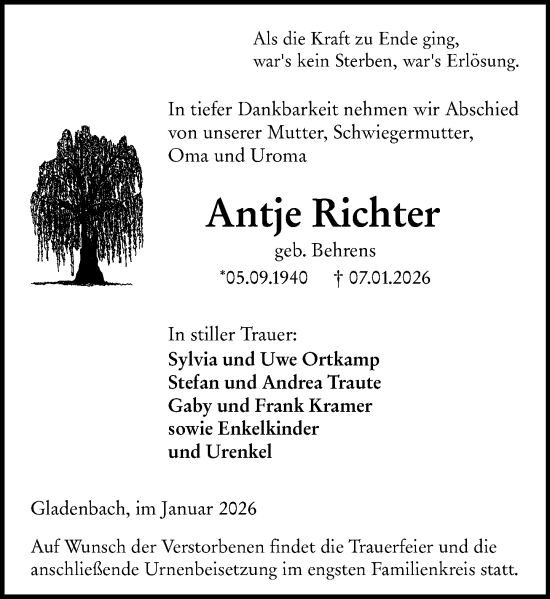 Traueranzeige von Antje Richter von Hinterländer Anzeiger
