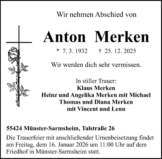 Traueranzeige von Anton Merken von Allgemeine Zeitung Rheinhessen-Nahe