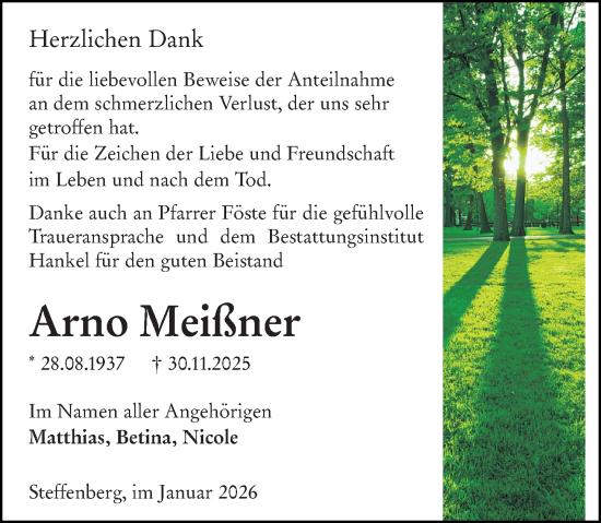 Traueranzeige von Arno Meißner von Hinterländer Anzeiger