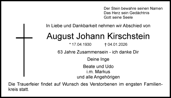 Traueranzeige von August Johann Kirschstein von Dieburger Anzeiger/Groß-Zimmerner Lokal-Anzeiger