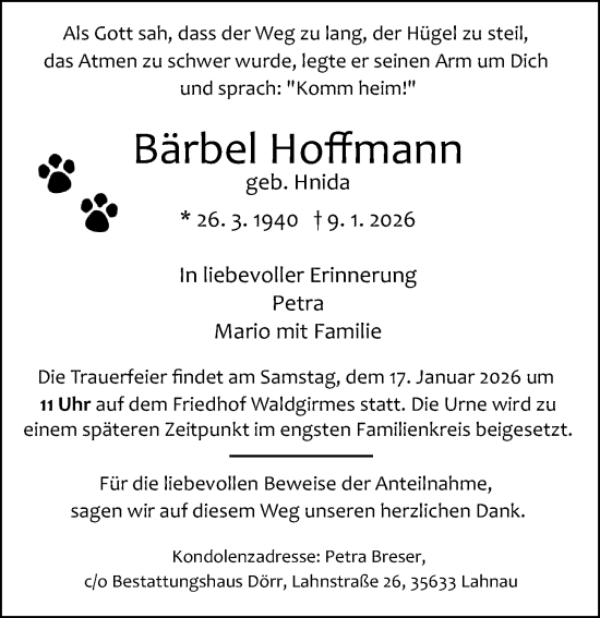 Traueranzeige von Bärbel Hoffmann von Wetzlarer Neue Zeitung