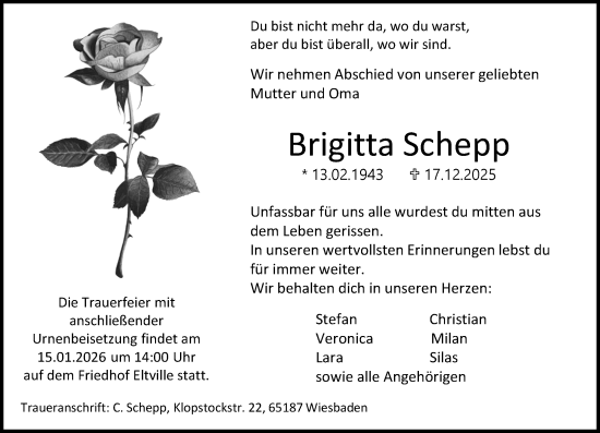 Traueranzeige von Brigitta Schepp von Wiesbadener Kurier