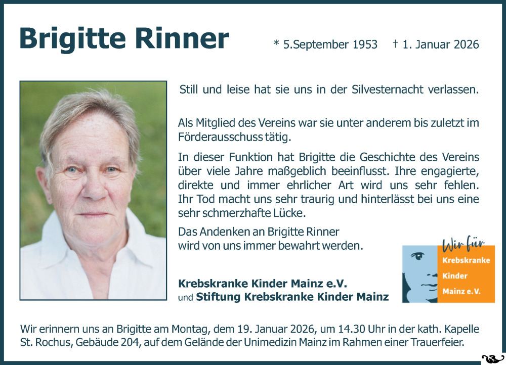  Traueranzeige für Brigitte Rinner vom 10.01.2026 aus Allgemeine Zeitung Mainz