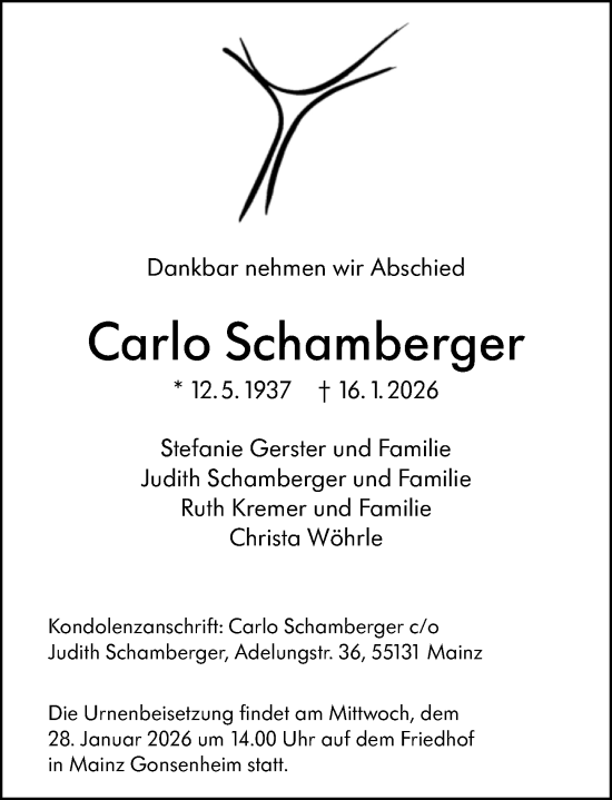 Traueranzeige von Carlo Schamberger von Allgemeine Zeitung Mainz