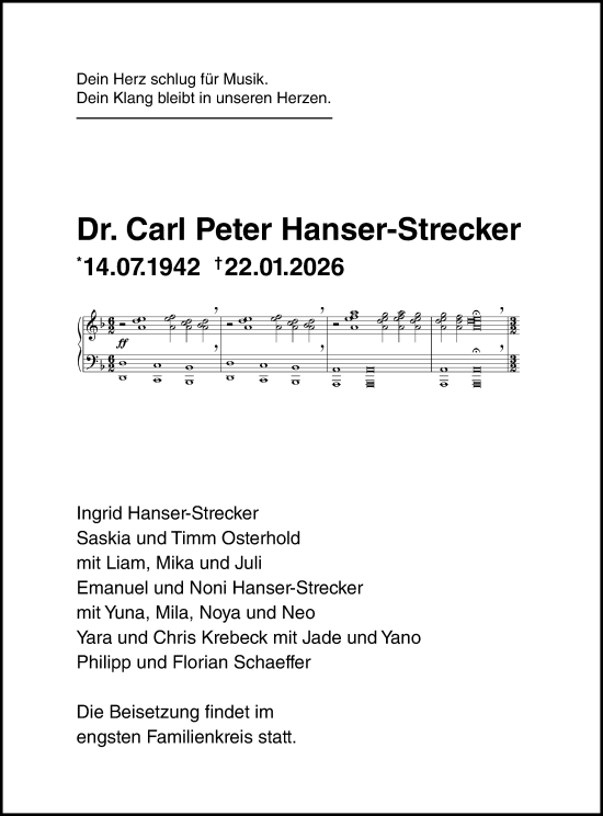 Traueranzeige von Carl Peter Hanser-Strecker von Wiesbadener Kurier