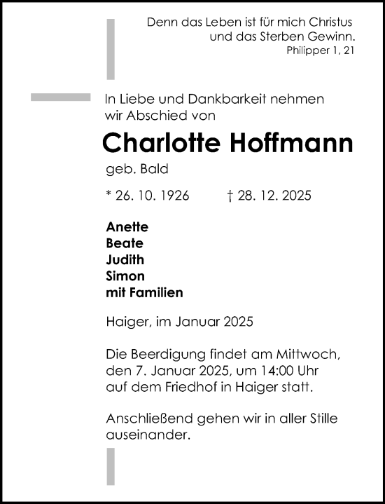 Traueranzeige von Charlotte Hoffmann von Dill Block