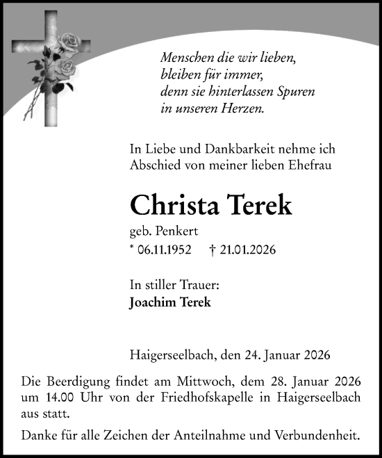 Traueranzeige von Christa Terek von Dill Block
