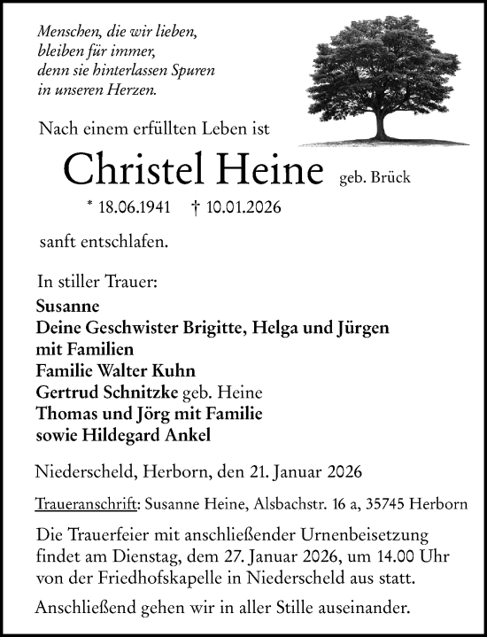 Traueranzeige von Christel Heine von Dill Block
