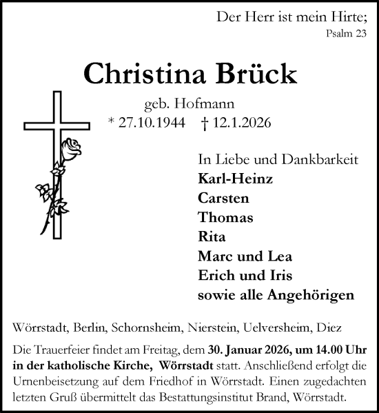 Traueranzeige von Christina Brück von Allgemeine Zeitung Alzey