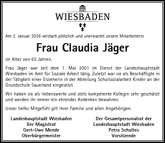 Traueranzeige von Claudia Jäger von Wiesbadener Kurier