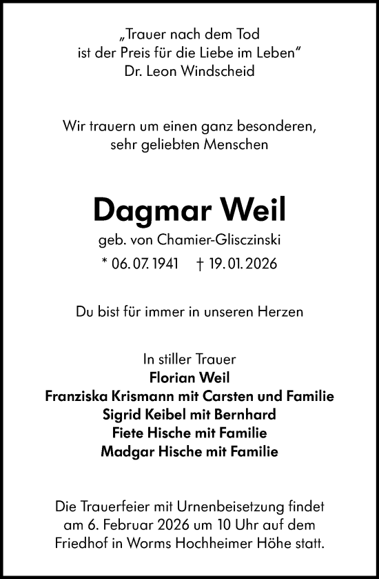 Traueranzeige von Dagmar Weil von Wormser Zeitung