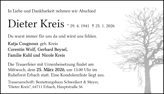 Traueranzeige von Dieter Kreis von Odenwälder Echo
