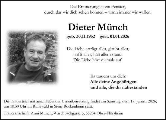 Traueranzeige von Dieter Münch von Allgemeine Zeitung Alzey