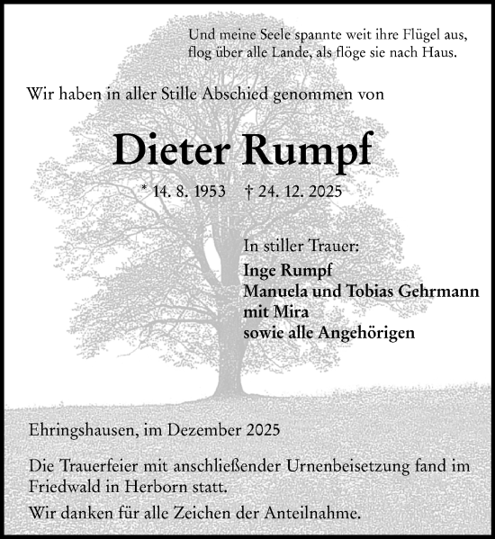Traueranzeige von Dieter Rumpf von Wetzlarer Neue Zeitung