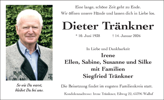 Traueranzeige von Dieter Tränkner von Wiesbadener Kurier