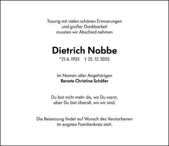 Traueranzeige von Dietrich Nobbe von Weilburger Tageblatt