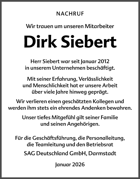 Traueranzeige von Dirk Siebert von Darmstädter Echo