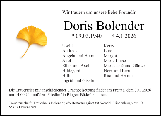 Traueranzeige von Doris Bolender von Allgemeine Zeitung Rheinhessen-Nahe