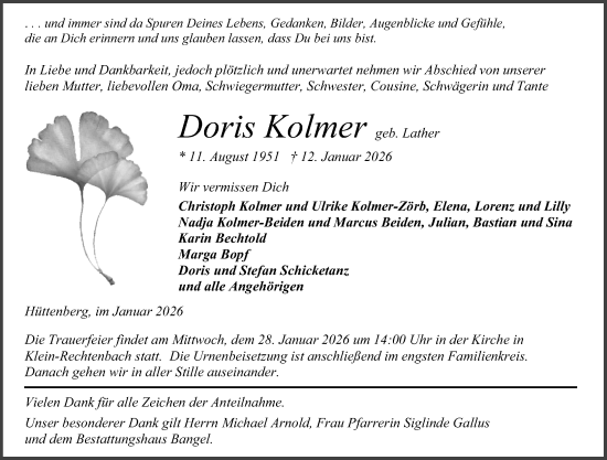 Traueranzeige von Doris Kolmer von Wetzlarer Neue Zeitung