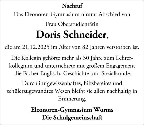 Traueranzeige von Doris Schneider von Wormser Zeitung
