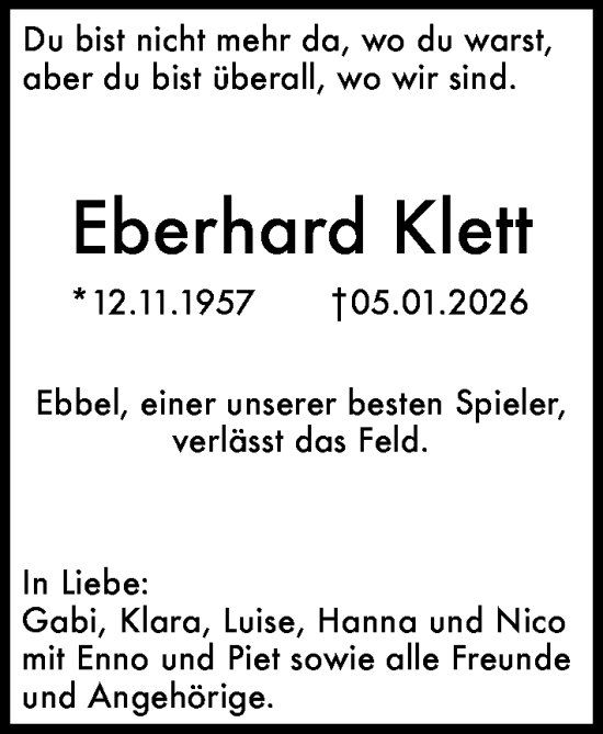 Traueranzeige von Eberhard Klett von Darmstädter Echo
