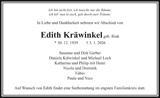 Traueranzeige von Edith Kräwinkel von Wetzlarer Neue Zeitung