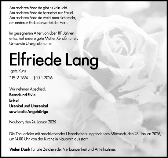 Traueranzeige von Elfriede Lang von Wetzlarer Neue Zeitung