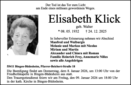 Traueranzeige von Elisabeth Klick von Allgemeine Zeitung Rheinhessen-Nahe