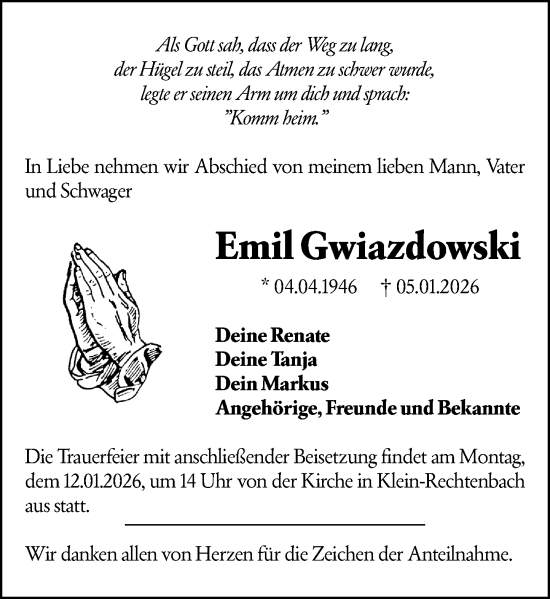 Traueranzeige von Emil Gwiazdowski von Wetzlarer Neue Zeitung