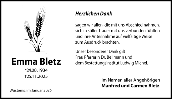 Traueranzeige von Emma Bletz von Camberger Anzeiger