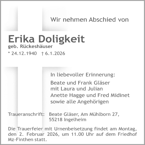 Traueranzeige von Erika Doligkeit von Allgemeine Zeitung Mainz