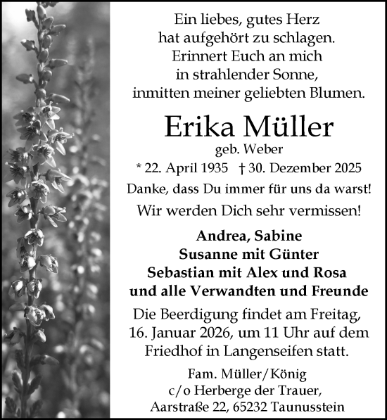 Traueranzeige von Erika Müller von Idsteiner Land/Untertaunus