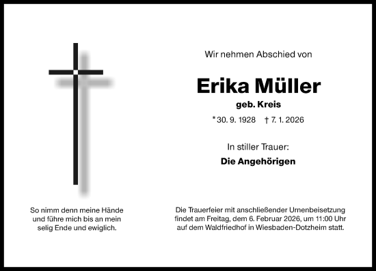 Traueranzeige von Erika Müller von Wiesbadener Kurier