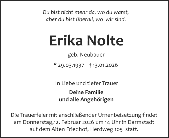 Traueranzeige von Erika Nolte von Darmstädter Echo