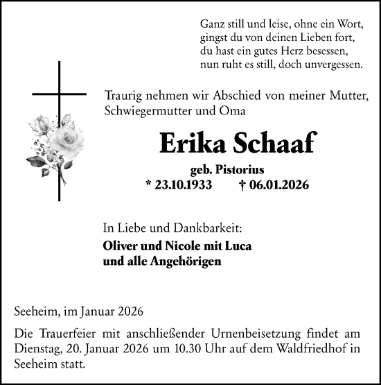 Traueranzeige von Erika Schaaf von Darmstädter Echo