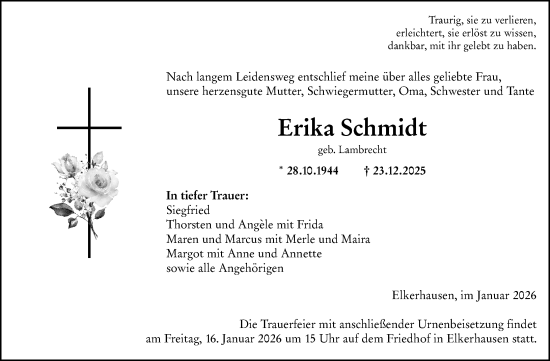 Traueranzeige von Erika Schmidt von Weilburger Tageblatt
