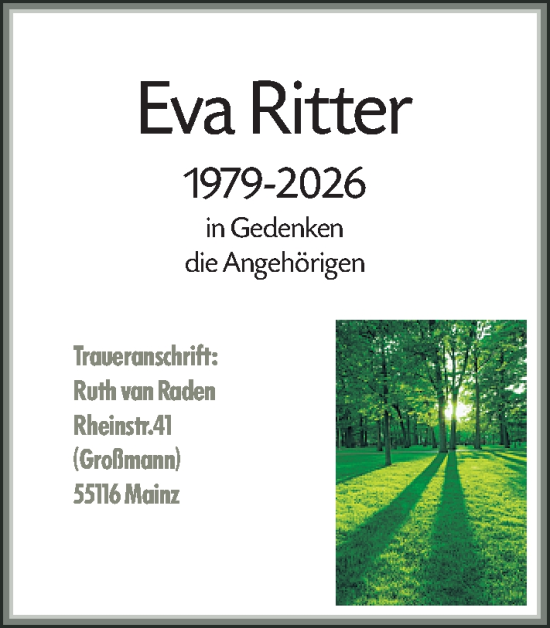 Traueranzeige von Eva Ritter von Allgemeine Zeitung Mainz