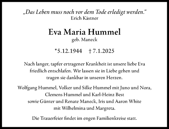 Traueranzeige von Eva Maria Hummel von Wiesbadener Kurier