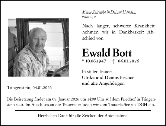 Traueranzeige von Ewald Bott von Dill Block