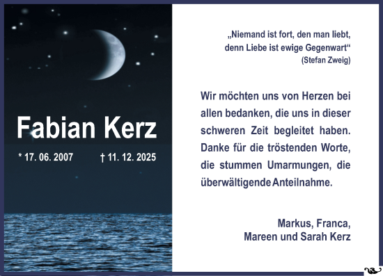 Traueranzeige von Fabian Kerz von Allgemeine Zeitung Mainz