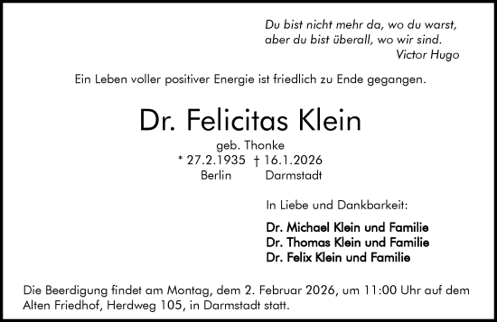 Traueranzeige von Felicitas Klein von Darmstädter Echo
