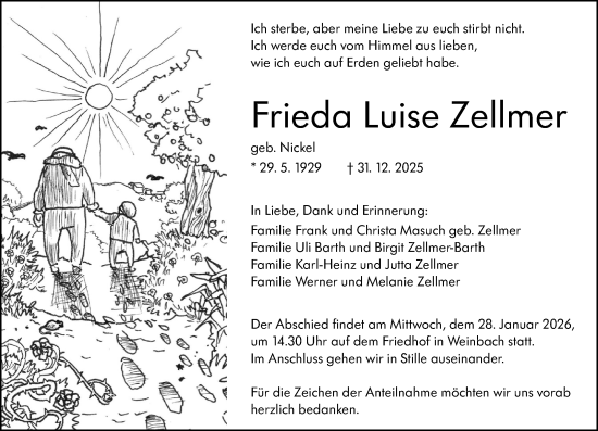 Traueranzeige von Frieda Luise Zellmer von Weilburger Tageblatt