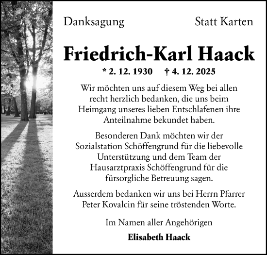 Traueranzeige von Friedrich-Karl Haack von Wetzlarer Neue Zeitung