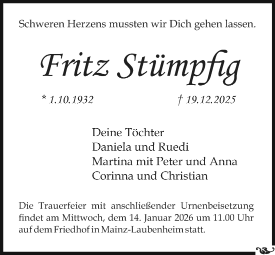 Traueranzeige von Fritz Stümpfig von Allgemeine Zeitung Mainz